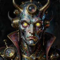 baroque neoclassicist close - up sci - fi portrait of a colorful steampunk time wizard overlord with big glowing eyes gazing intensely, pearlescent chrome. dark black ominous background, glowing atmosphere. highly detailed science fiction horror painting by norman rockwell, frank frazetta, and syd mead. rich colors, high contrast, gloomy atmosphere. trending on artstation and behance.