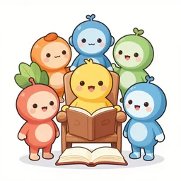 a group of cartoon characters standing around a chair, a storybook illustration by tony diterlizzi, deviantart contest winner, gothic art, storybook illustration, official art, tarot card