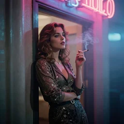 foggy neon night, mila kunis leaning against a wall smoking a sigarette outside a neon lit entrance, 1 9 8 0 s, intricate, elegant, tasteful, highly detailed, shallow depth of field, artgerm, donato giancola, joseph christian leyendecker