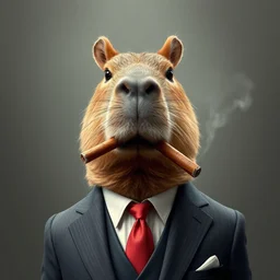 a capybara hydrochoerus wearing a suit, smoking a cigar