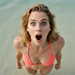 portrait of surprised natalie dormer, overhead angle, wide opened eyes, wide opened mouth, wearing coral bikini, full hd, uhd, 4 k, 8 k, 1 6 k, 1 petapixel image, nasa quality.