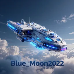 intro with the inscription Blue_Moon2022, 3d render, a massive neon spaceship floating in the sky, volumetric clouds, an epic opening shot,