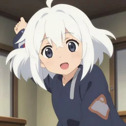 anime film visual portrait of a young girl with white hair in her room interior, cute face by makoto shinkai kyoto animation, dynamic perspective pose detailed eyes, crisp and sharp cel shade
