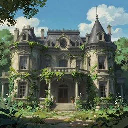 Rendering of a scene abandoned dark luxury mansion full of ivy，by Makoto Shinkai and Thomas Kinkade, fantasy matte painting, trending on cgsociety and unreal engine，light effect，highly detailed，super wide angle,