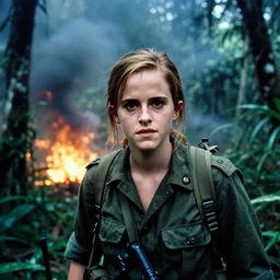 film still, close up, portrait, emma watson soldier hiking through dense vietnam jungle, explosions, fires, black smoke, associated press, award winning, film still from apocalypse now ( 1 9 7 9 ), 2 6 mm, kodak ektachrome, blue tint ektachrome film,