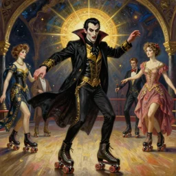 dynamic composition, a painting of dracula the vampire skating on roller skates in a medieval roller rink, a surrealist painting by tom bagshaw and jacek yerga and tamara de lempicka and jesse king, featured on cgsociety, featured on artstation, pop surrealism, surrealist, dramatic lighting, wiccan, full body portrait, pre - raphaelite, ornate gilded details