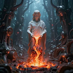 intricate lava, flowing out of a vase held by a white statue of a man, on the background of a weird magical mechanical forest. Very detailed 8k. Fantasy cyberpunk. Sharp. Cinematic post-processing