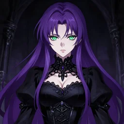highly detailed anime portrait of beautiful necromancer woman in the darkness, face details, black ornamental dress, corset, purple straight hair, pale skin, green eyes, high fantasy, digital illustration, key art, by kurone mishima, light novel cover art