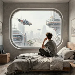 A thoughtful person sitting on a bed in a room with rounded a window overlooking a futuristic city with flying vehicles, second floor, drawind style, sketch style, highly detailed, concept art, 4k, trending on artstation, cgsociety, octane render.