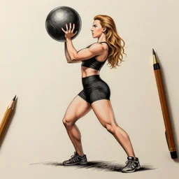 scarlett johansson as body builder in baki anime manga style, lifting atlas ball, pencil and ink, dramatic lighting, full body profile