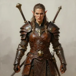 a concept art painting of an furious female half - orc warrior wearing medieval brown leather armor, art by karol bak and mark brooks and argerm, centered