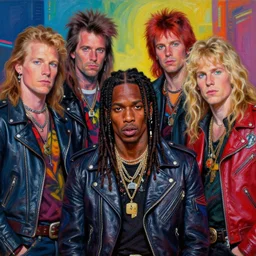 travis scott as a spacepunk apocalyptic scifi orcish biker gang posing together for a professional group photo, psychedelic vibrant colors, punk rock fashion, oil painting by michael whelan art, perfect faces, sharp focus, detailed eyes, realistic, long hair, leather jackets, 8 0 s hairstyles, 8 k