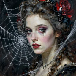 a beautiful terrifying realism painting rococo gothic close up woman in a spider web norman rockwell takato yamamoto, jack kirby, ruan jia, roberto ferri, monet, by wlop, moebius syd mead roger dean 4 k hd