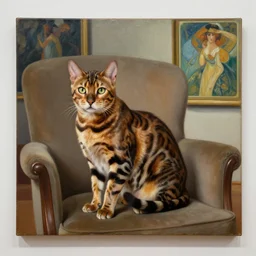 museum painting, medium - shot, realistic bengal cat in the armchair, sharp focus, oil painting, matte painting, masterpiece, alicia rius, artgerm, rutkowski, mucha, kinkade