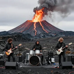 hd photo wide shot of a metal band playing in front of an icelandic volcano as it slowly erupts and pools behind them