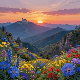 carphathian mountains, sunset, blue yellow red purple flowers, castle in distance, illustration, intricate, hyper - detailed, concept art, smooth, sharp focus, ray tracing, vibrant, photorealistic, by jessica rossier