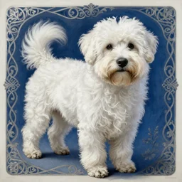 a completely white coton de tulear dog. blue with a silver filigree background. masterful, detailed drawing. art by mucha