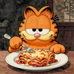 garfield eating lasagna, japanese woodblock, classical japanese art, traditional japanese art, highly detailed, beautiful colors, award winning, dark, gritty, ink and watercolor