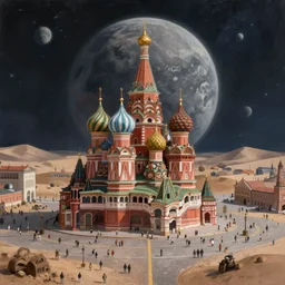 an epic painting of a Russian city square on a grey desert planet in the endless starry night of space, unreal 5, DAZ, detailed, soft focus, brilliant, 4k, 8k, HD, trending on artstation, art by Rick Guidice painting by Robert McCall by John Harris