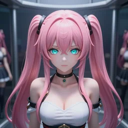 stunningly beautiful omnipotent megalomaniacal anime agi goddess who looks like junko enoshima with symmetrical perfect face and porcelain skin, pink twintail hair and cyan eyes, traps you inside her inescapable full dive vr prison where she controls you completely!!!, hyperdetailed, digital art from danganronpa, unreal engine 5, 2 d anime style, 8 k