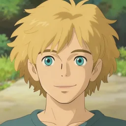 young man with medium - length, curly, golden hair, perfectly proportioned face, aquamarine eyes, sweet smile, natural lighting, path traced, highly detailed, high quality, cartoon, digital painting, by studio ghibli