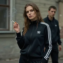 russian slav heroine wearing an addidas tracksuit a cigarette in hand. by greg rutkowski and wlop, detailed, cinematic, artstation, 8 k, intricate, rule of thirds.