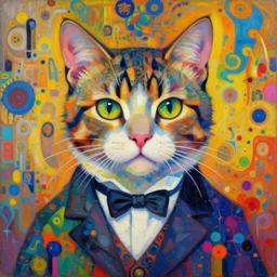 gentleman cat portrait an oil painting splashes with many colors and shapes by gustav klimt greg rutkowski and alphonse mucha, polycount, generative art, psychedelic, fractalism, glitch art