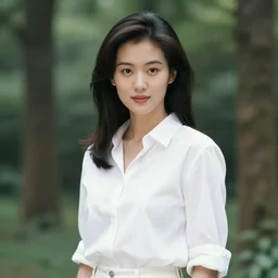 An beautiful Asian lady in white, in the forest, 90's professional artistic photograph.