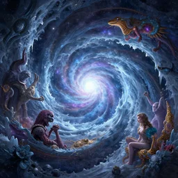 a psychedelic realm falling into an icy galactic vortex, in the style of h. r. giger and greg rutkowski and amanda sage, lush, sumptuous, exquisite, elegant, elaborate, rich, ray traced, global illumination, artstation
