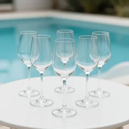 5 5 mm photo of best one wine glass on a zen minimalist white table with gorgeous pool in the background. highly detailed 8 k. intricate. lifelike. soft light,