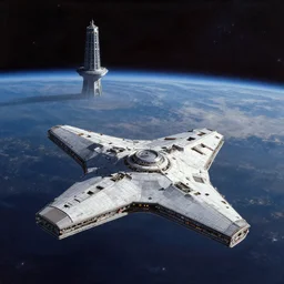 intergalactic starship on a planet with a tower in the background by thomas kinkaid