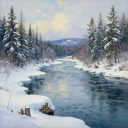 A beautiful, very highly detailed oil painting of a Canadian river in the middle of winter by Greg Rutkowski and Thomas Kinkade, trending on Artstation.