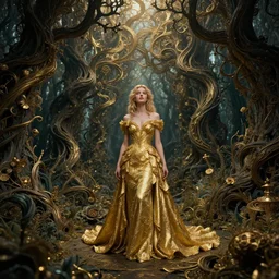 cinestill 5 0 d depht of field of a beautiful girl by roversi, from a dream in a fantasy garden in a dark twisted forest, intricate details, epic scale, insanely complex, 8 k, sharp focus, hyperrealism, pale gold matt, sharp focus, sharp focus, caspar friedrich, greg rutowski, james gurney