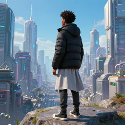young 🧔🏿 wearing a thin lightgray do rag and a black winter puffer jacket and hightop sneakers, facing the desperate and endless call of the metaverse, futuristic urban cityscape, clear weather, unreal 5 engine render, vivid colors, high detail, studio ghibli and spiderverse, digital art, octane render, epic composition, trending artstation, award - winning photograph, masterpiece