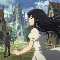 anime visual, portrait of a young woman outside in the medieval city square looking at the fantasy palace in the distance, cute face by ilya kuvshinov, masakazu katsura, dynamic pose, dynamic perspective, rounded eyes, moody, psycho pass, kyoani, yoh yoshinari