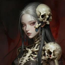 stunning japanese cyberpunk goddess of skull portrait, bones, skull, dirt, bloody background fantasy, intricate, elegant, highly detailed, digital painting, artstation, concept art, smooth, sharp focus, illustration, art by afshar petros and krenz cushart and artem demura