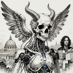 ai biomech, ethereal ultralight robot - skull with horns mechanism, quantum physics, angelic and unsettling, wires, veins, ferrofluid, bismuth, style blend of hideo kojima, shepard fairey, and botticelli, city backdrop is a blend of the vatican, neo - andean architecture and brutalism, 4 k photorealistic, ultra fine inklines