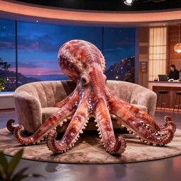 evening tv show studio with sofa in form of octopus, hyper realistic, art by mike winkelmann
