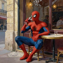 painting by emile friant of spiderman drinking a glass of red wine in summertime outside a parisian cafe