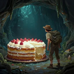an adventurer finding a big cake in a dark mysterious cave, digital art, highly-detailed, artstation cgsociety