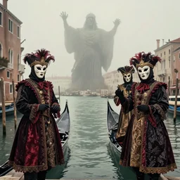 pagan carneval in venice, symmetry across the water canal, creepy masks, summoning a giant party god foggy in the background far away australian tonalism