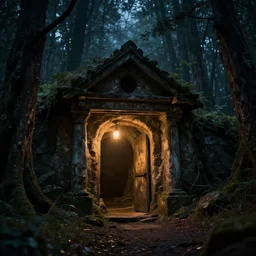 an old mine entrances lit by toches in an ancient old forrest at night, eeire mood, Dynamic lighting, cinematic, establishing shot, extremely high detail, photo realistic, cinematic lighting, , post processed denoised, concept design, concept art, artstation, matte painting, midjourney, style by alex ross, raphael lacoste, eddie mendoza