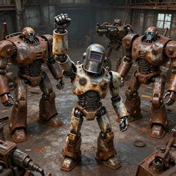 a realistic crazy robot, a welding helmet for a head, one fist raised high in triumph, raised fist, standing in front of many large robots inside a huge rusty dingy warehouse, army of big robots, rusty, raygun gothic, atomic punk, digital art, sharp detail, high angle