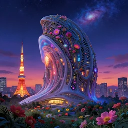 architecture by santiago calatrava, galactic vaporwave at night apocalyptic biopunk flowers at dusk elysian tokyo sunset nightsky sci - fi alien hyperrealism cyberpunk nightvision thermal vision studio ghibli, archdaily, wallpaper, highly detailed, trending on artstation.