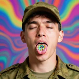 a colorful vibrant closeup portrait of a simple soldier licking a tab of LSD acid on his tongue and dreaming psychedelic hallucinations, by kawase hasui, moebius, Edward Hopper and James Gilleard, Zdzislaw Beksinski, Steven Outram colorful flat surreal design, hd, 8k, artstation