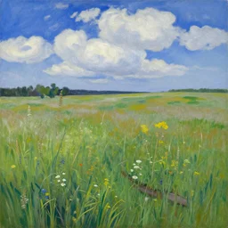 a painting of a meadow filled with tall grass and wildflowers and small creek, blue sky with fluffy clouds, georgia o'keeffe