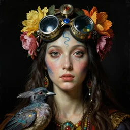 a baroque close - up portrait of a fantasy alien cyborg shaman goddess wearing facepaint and a colorful floral futuristic mercury goggles with metallic technology, holding a bird. black background. studio lighting, big eyes. highly detailed science fiction fantasy painting by norman rockwell, moebius, frank frazetta, syd mead, and sandro botticelli. high contrast. renaissance masterpiece. artstation.