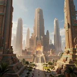 high tech futuristic aztec mayan city with skyscrapers, volumetric light, cinematic, otherland, extremely detailed, cgi, trending on artstation, hyper realistic render, hd wallpaper, sharp, michael whelan
