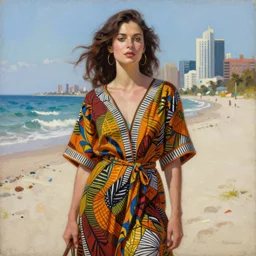 woman, dressed in ankara style, beach, sun, stylish, greg hildebrandt fancy new york oil painting high quality