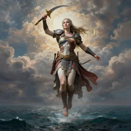 8 k art photography shot art shot, hyperrealistic, hyperdetailed, super detailed, uhd, uhd, 8 k, high resolution, goddess of war floating over the oceans with baroque clouds, painting by ross tran and ivan aivazovsky
